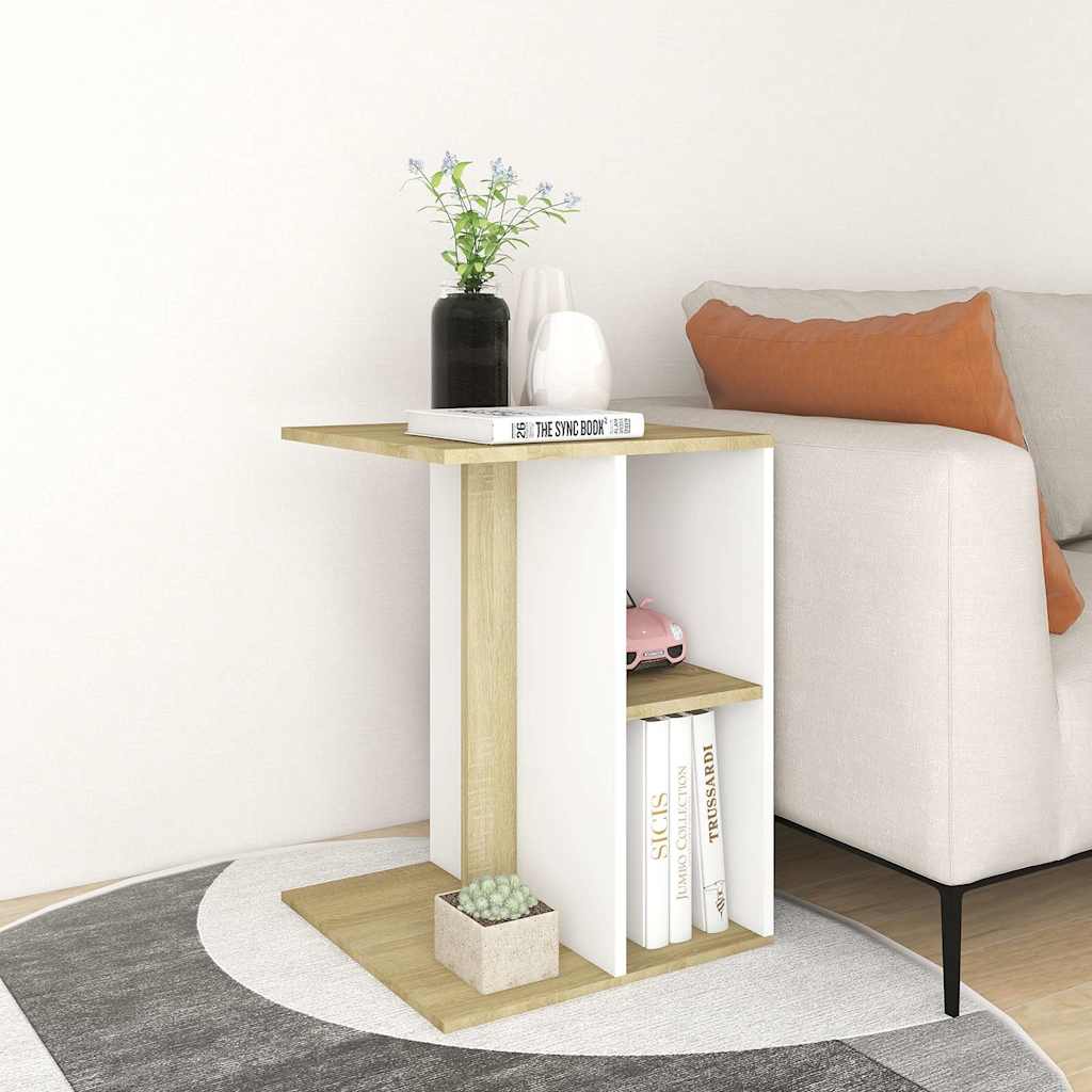 Side Table White and Sonoma Oak 60x40x45 cm Engineered Wood
