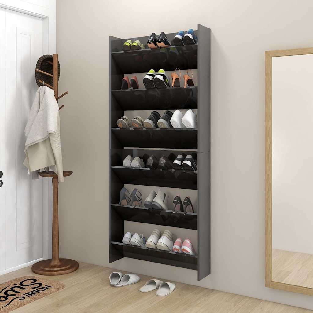 Wall Shoe Cabinets 2 pcs High Gloss Grey 80x18x90 cm Engineered Wood