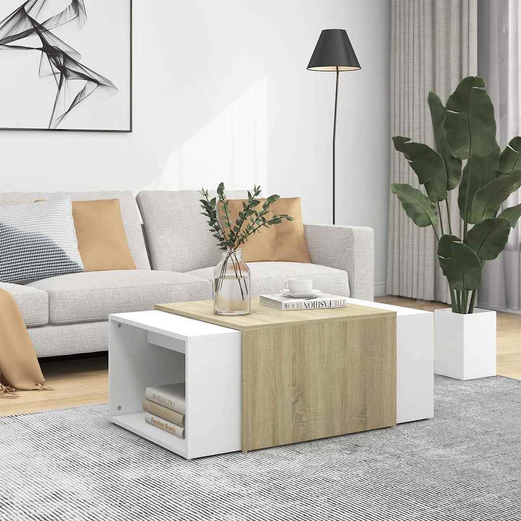 3 Piece Nesting Coffee Table Set White & Sonoma Oak 60x60x38 cm