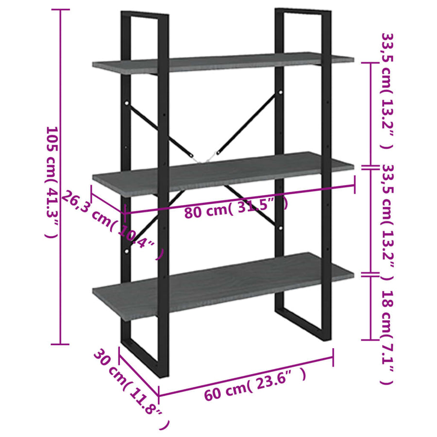3-Tier Book Cabinet Grey 80x30x105 cm Solid Pine Wood