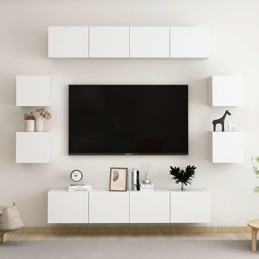 8 Piece TV Cabinet Set White Engineered Wood