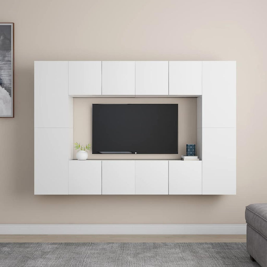 8 Piece TV Cabinet Set White Engineered Wood