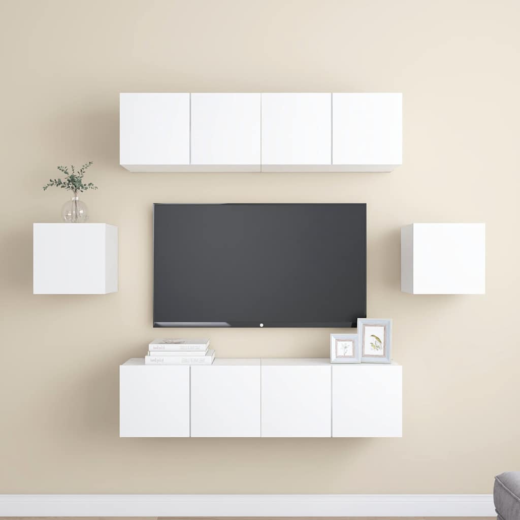 6 Piece TV Cabinet Set White Engineered Wood