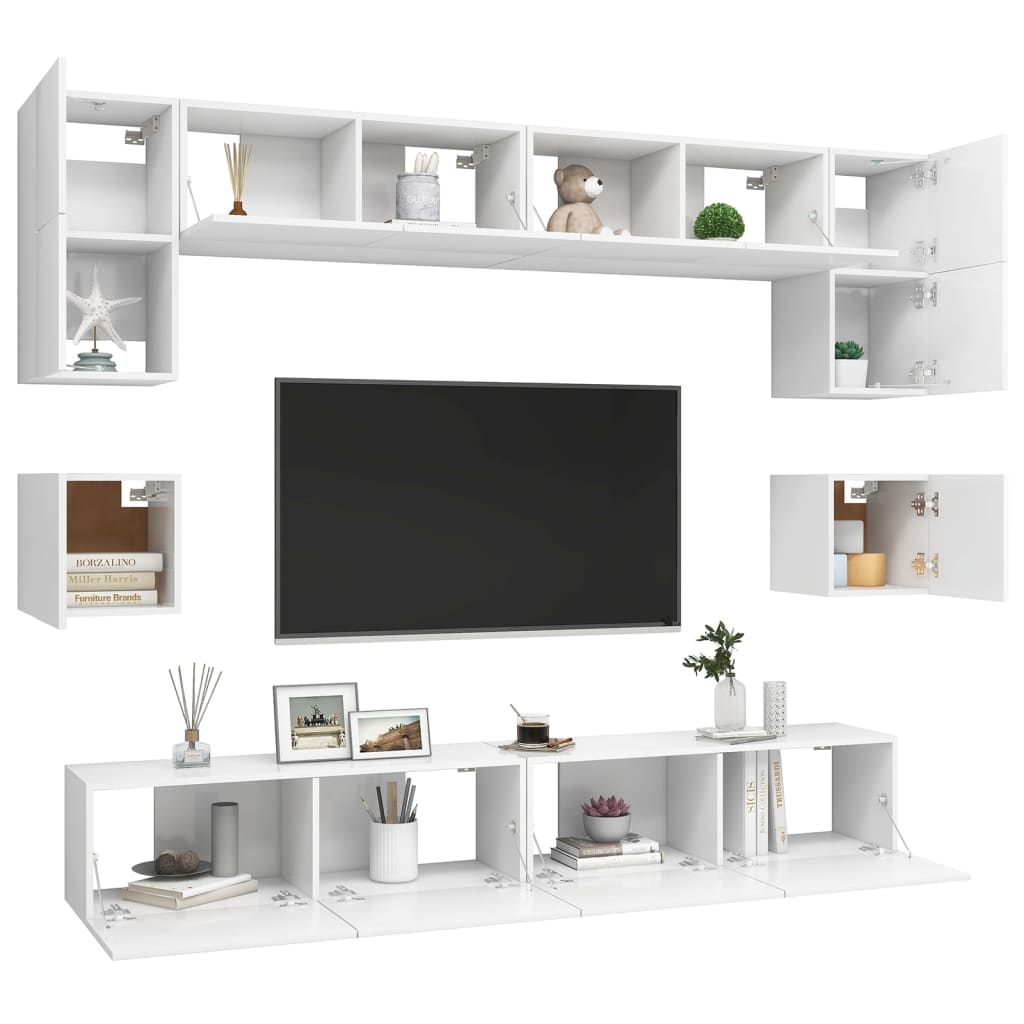 8 Piece TV Cabinet Set White Engineered Wood