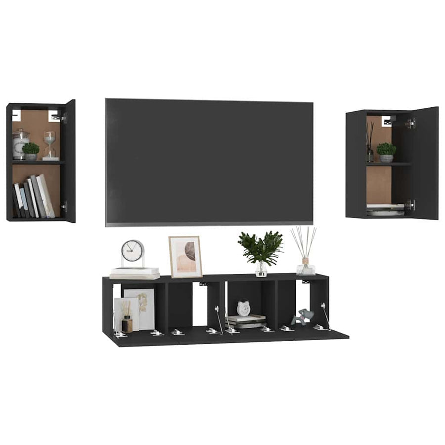 4 Piece TV Cabinet Set Black Engineered Wood