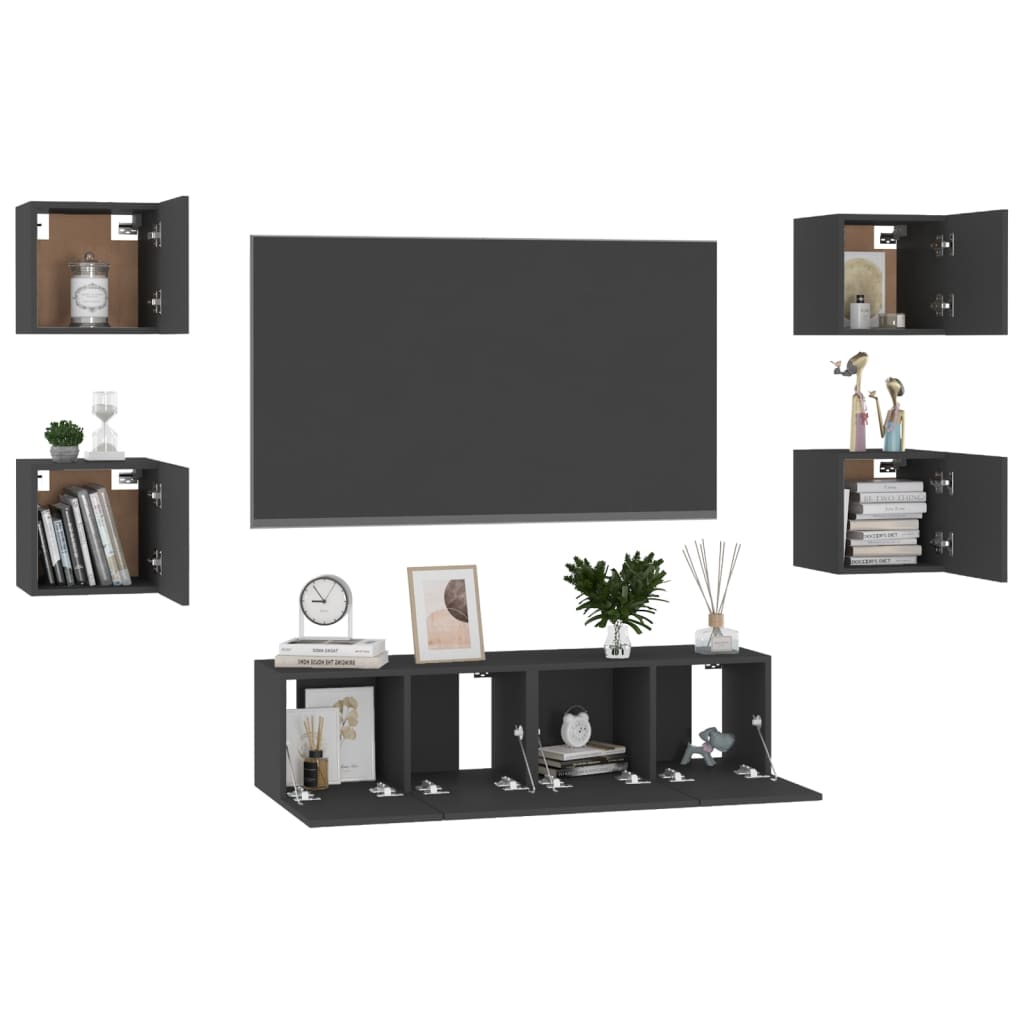 6 Piece TV Cabinet Set Black Engineered Wood