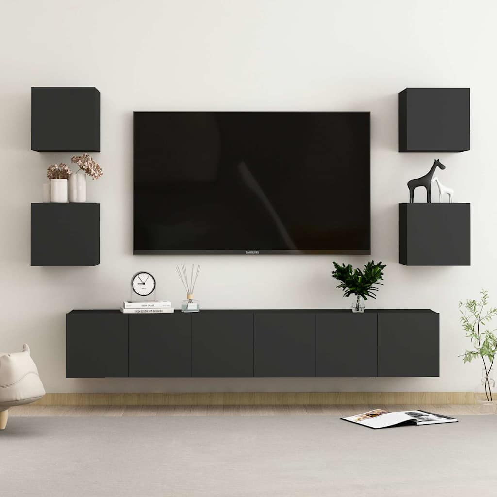 7 Piece TV Cabinet Set Black Engineered Wood
