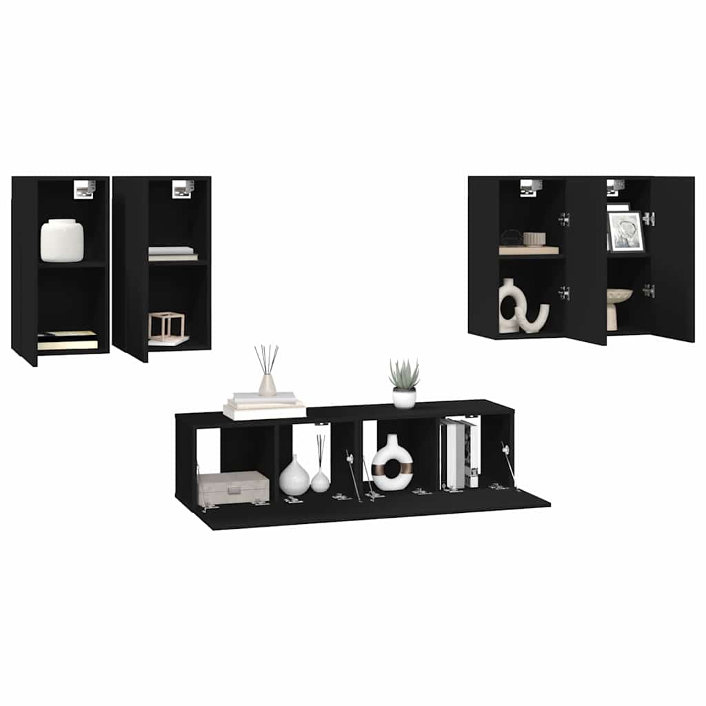 6 Piece TV Cabinet Set Black Engineered Wood
