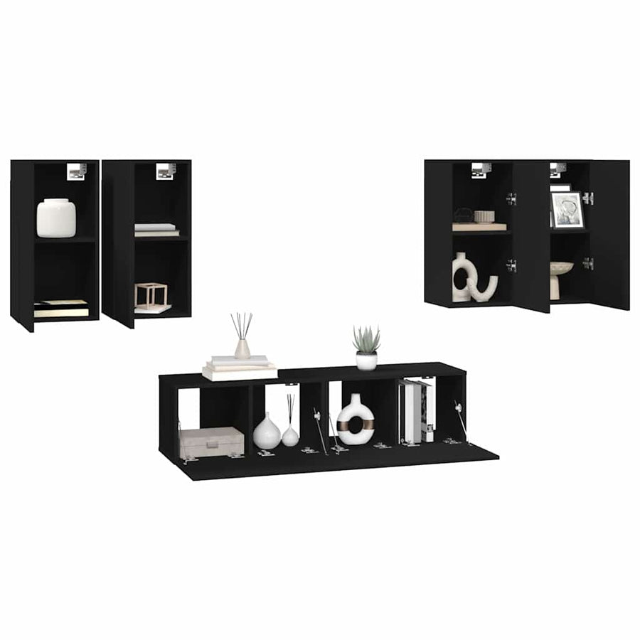 6 Piece TV Cabinet Set Black Engineered Wood