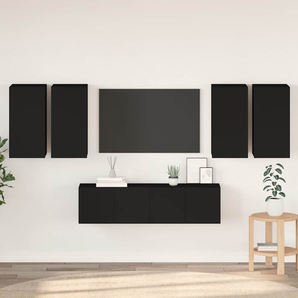 6 Piece TV Cabinet Set Black Engineered Wood