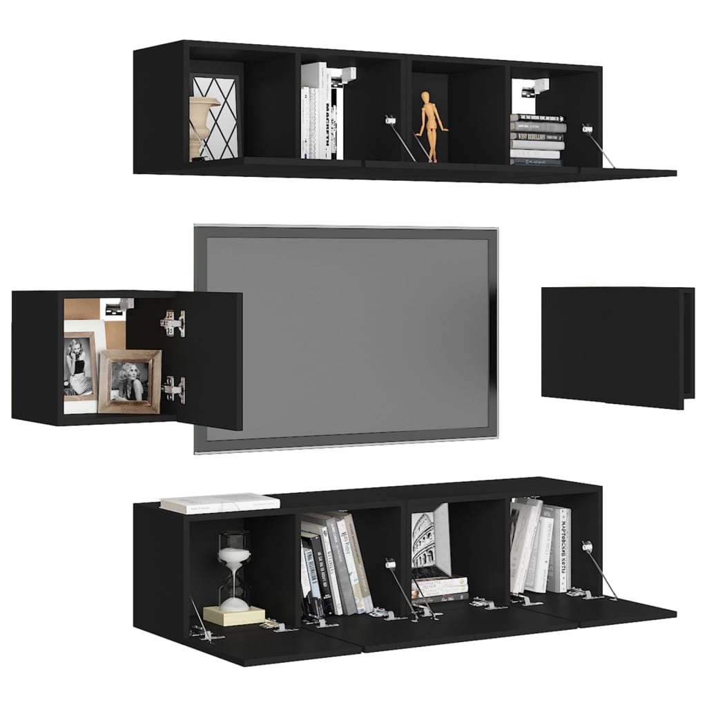 6 Piece TV Cabinet Set Black Engineered Wood