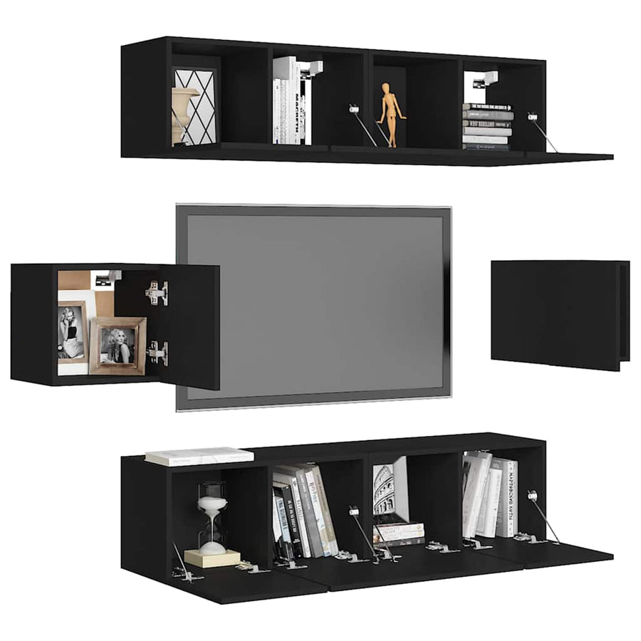 6 Piece TV Cabinet Set Black Engineered Wood