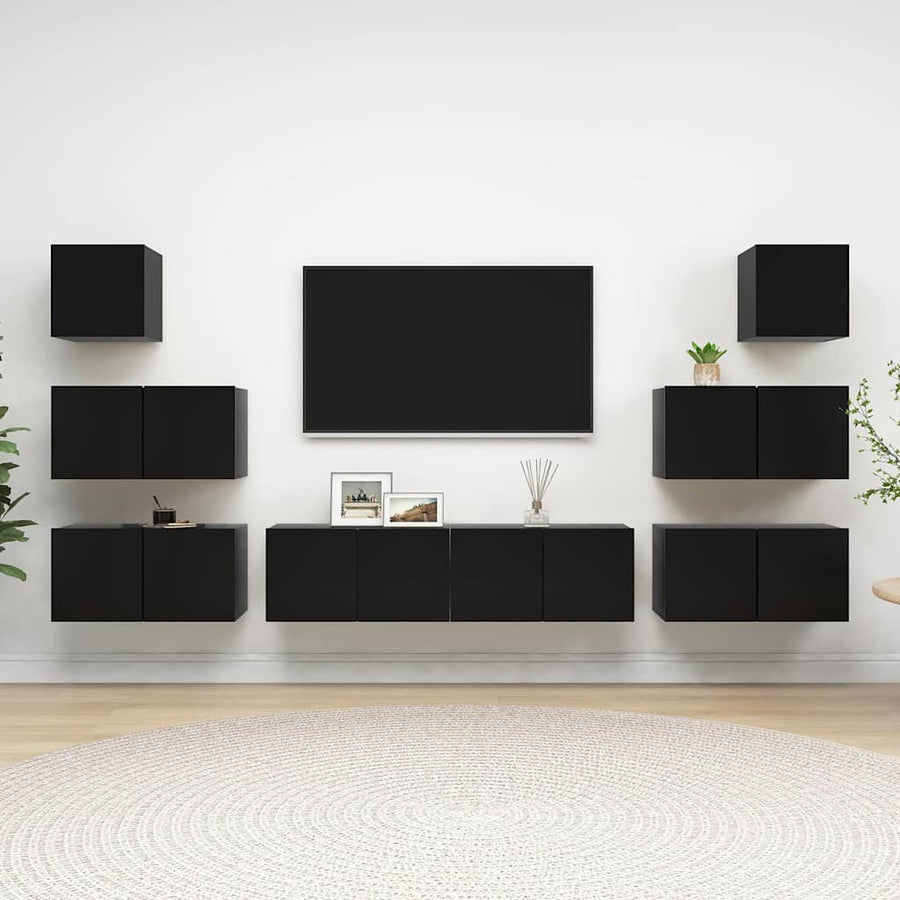 8 Piece TV Cabinet Set Black Engineered Wood