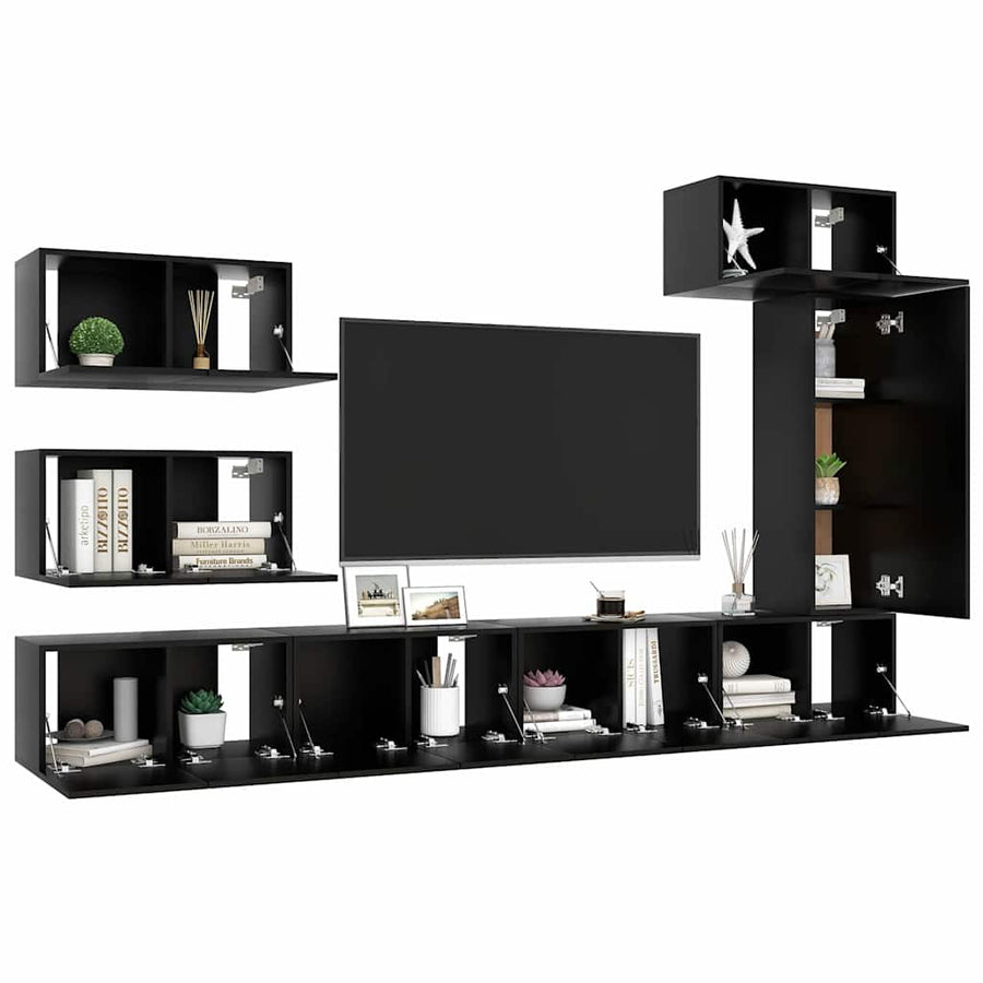 8 Piece TV Cabinet Set Black Engineered Wood