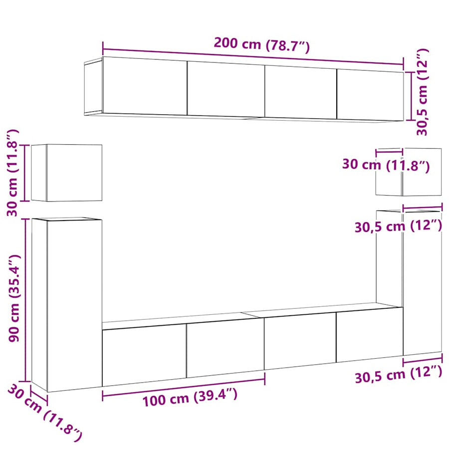 8 Piece TV Cabinet Set Black Engineered Wood