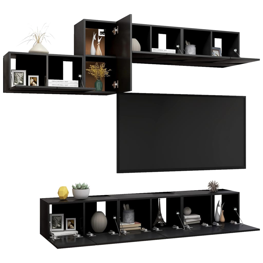 7 Piece TV Cabinet Set Black Engineered Wood