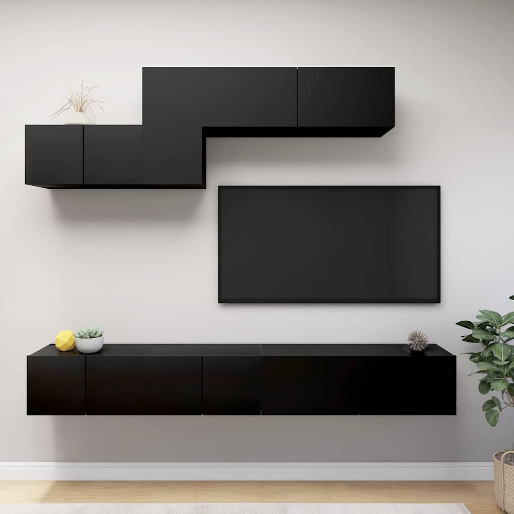 6 Piece TV Cabinet Set Black Engineered Wood
