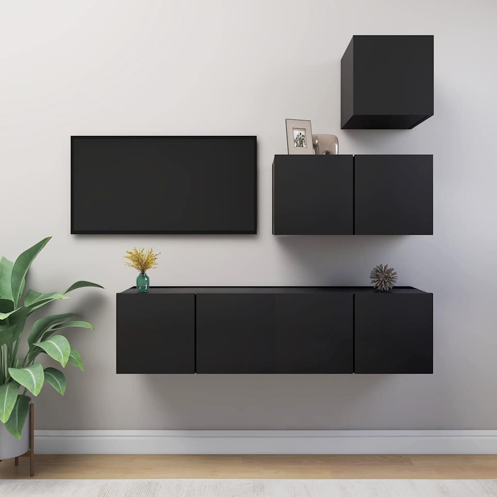 4 Piece TV Cabinet Set Black Engineered Wood