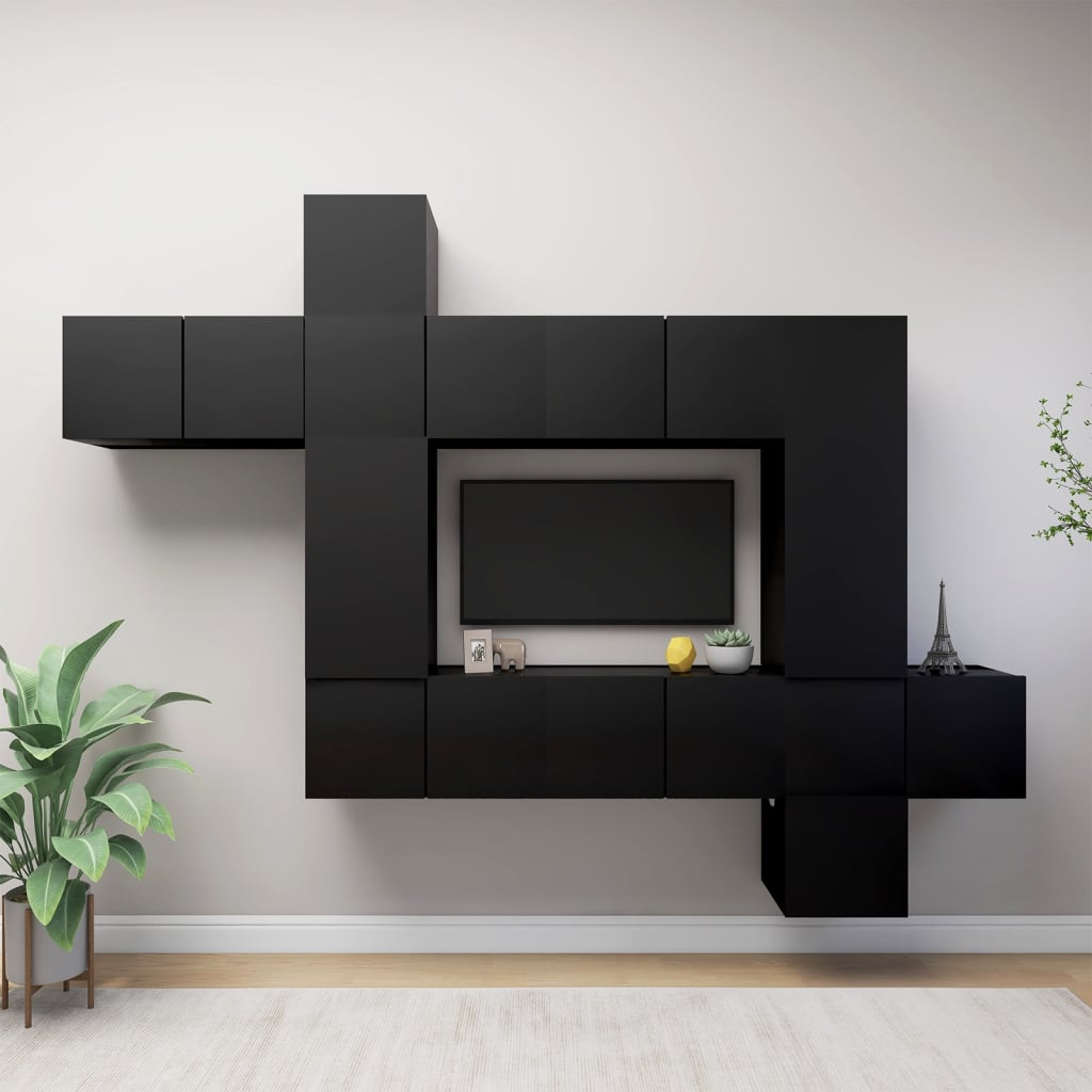 10 Piece TV Cabinet Set Black Engineered Wood