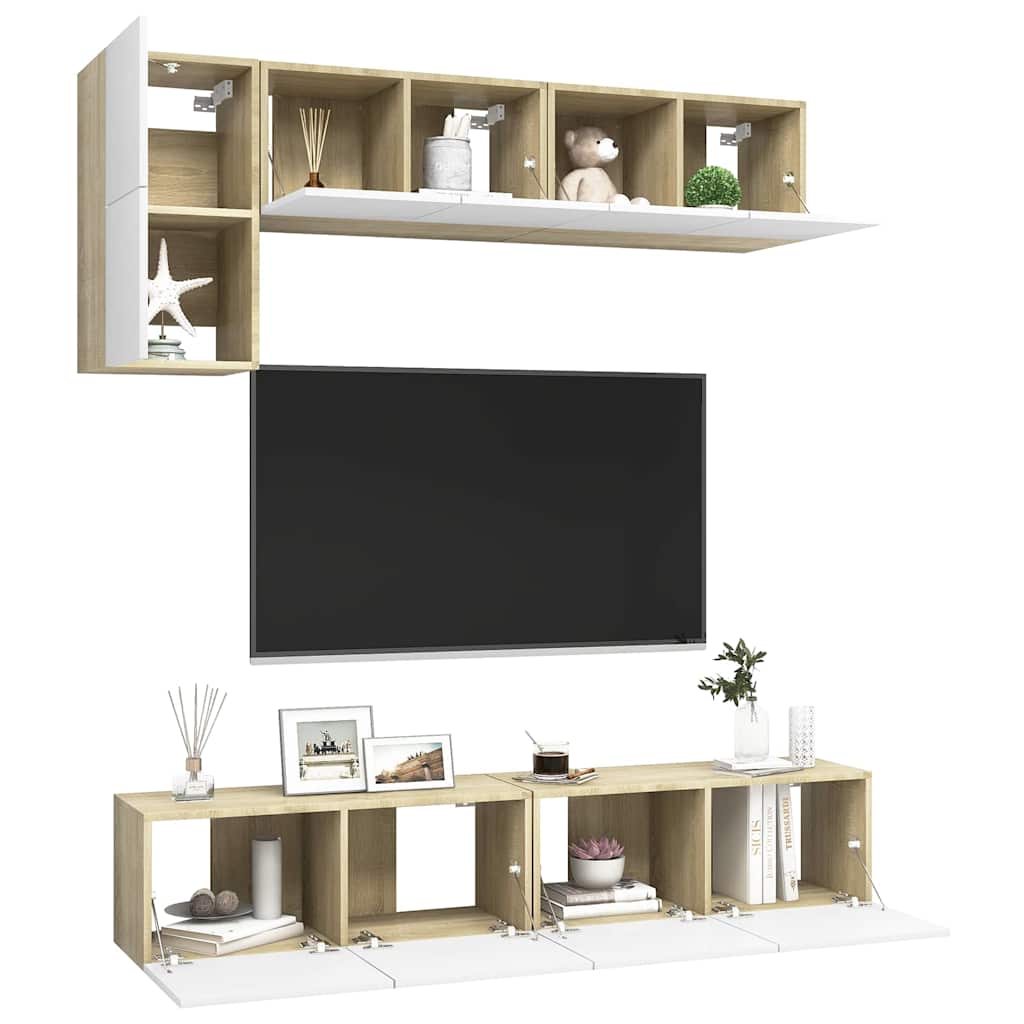 5 Piece TV Cabinet Set White and Sonoma Oak Engineered Wood