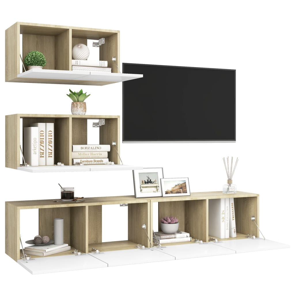 4 Piece TV Cabinet Set White and Sonoma Oak Engineered Wood
