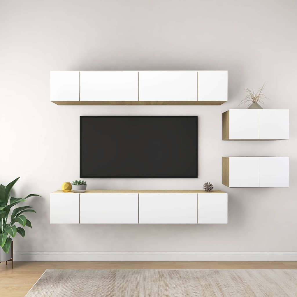 8 Piece Wall-mounted TV Cabinet Set White and Sonoma Oak Engineered Wood
