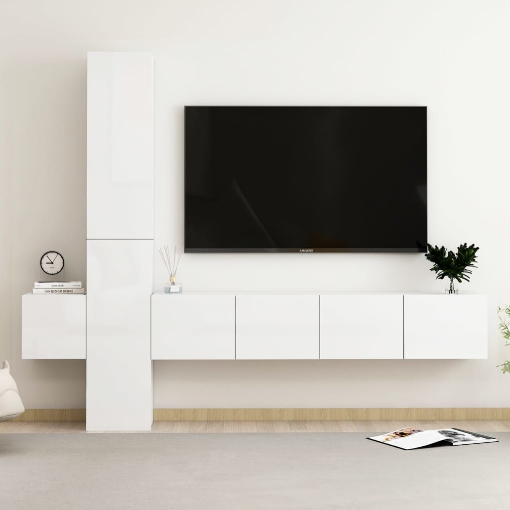 5 Piece TV Cabinet Set High Gloss White Engineered Wood