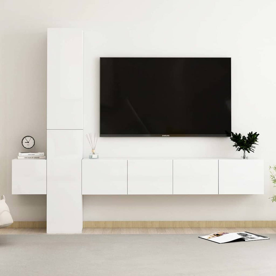 5 Piece TV Cabinet Set High Gloss White Engineered Wood