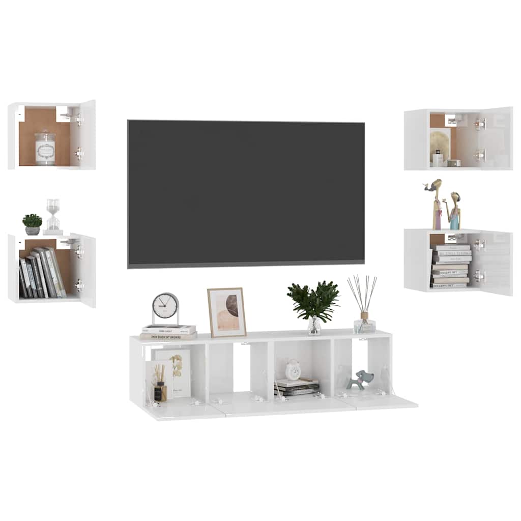 6 Piece TV Cabinet Set High Gloss White Engineered Wood