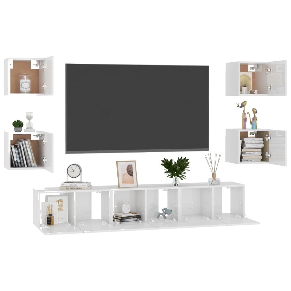 7 Piece TV Cabinet Set High Gloss White Engineered Wood