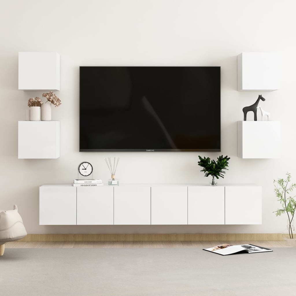 7 Piece TV Cabinet Set High Gloss White Engineered Wood