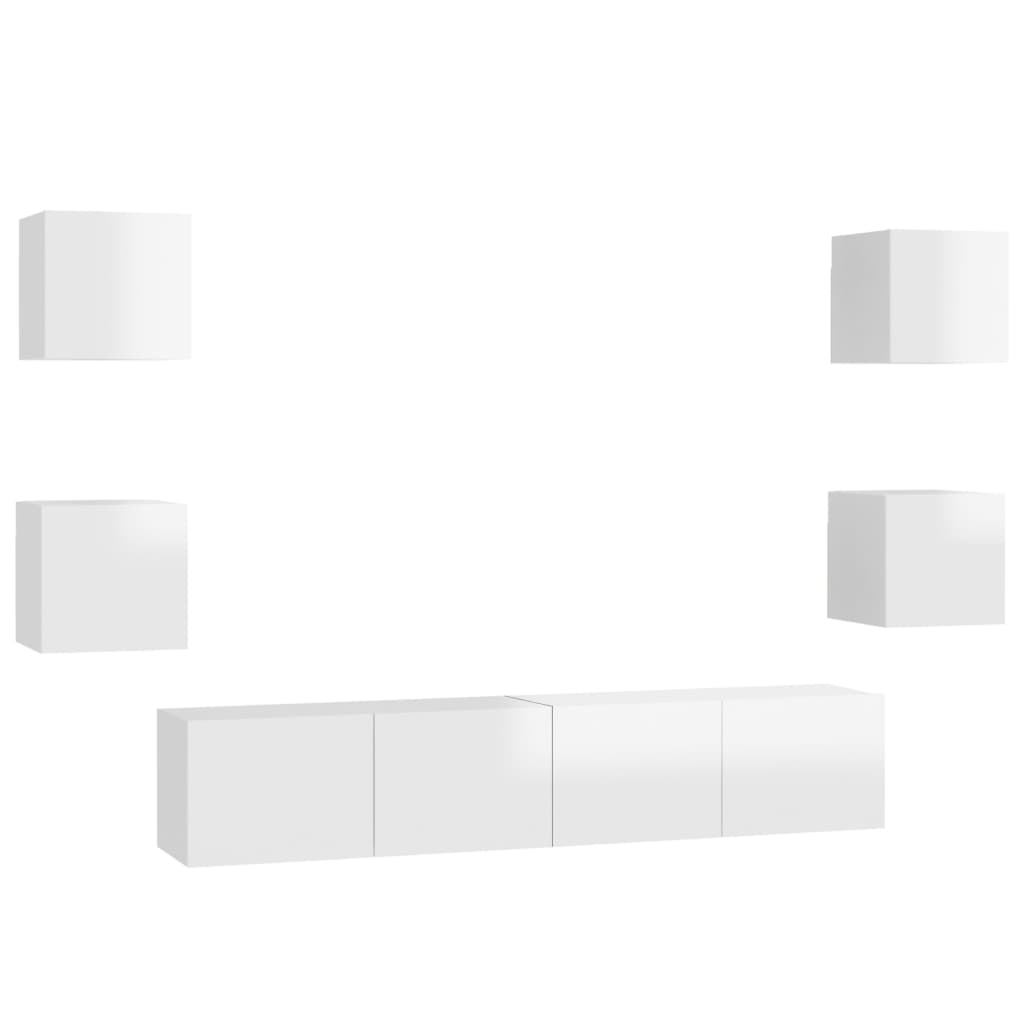 6 Piece TV Cabinet Set High Gloss White Engineered Wood