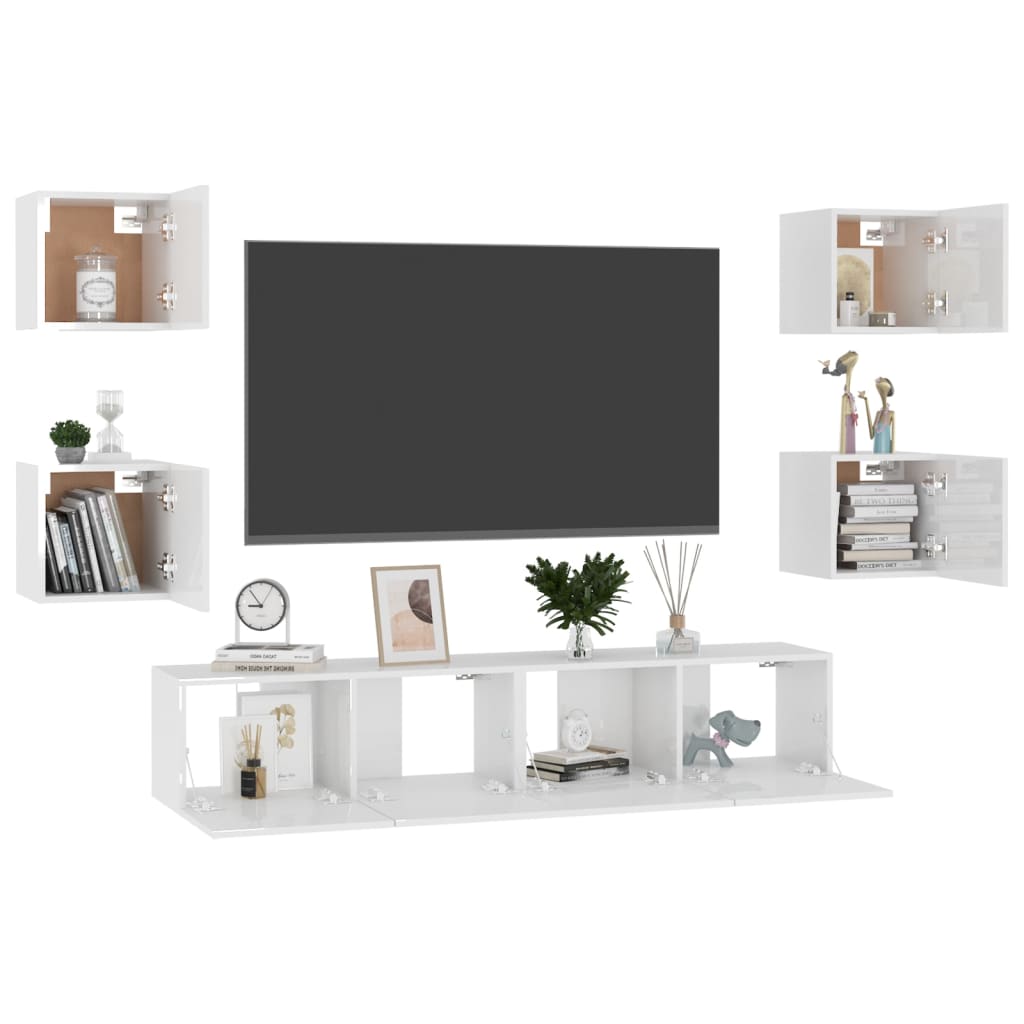 6 Piece TV Cabinet Set High Gloss White Engineered Wood