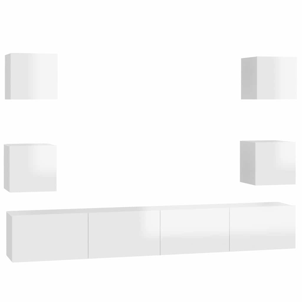 6 Piece TV Cabinet Set High Gloss White Engineered Wood