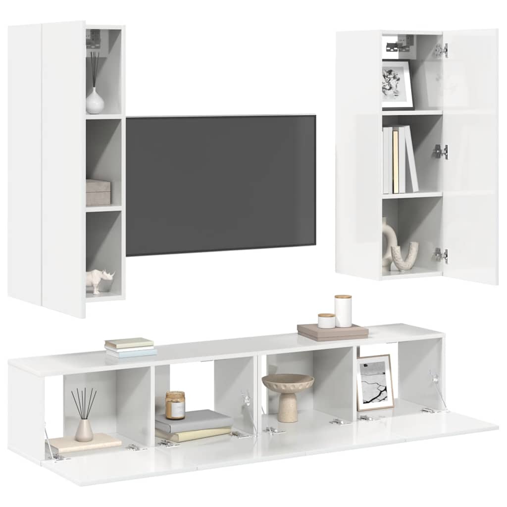 4 Piece TV Cabinet Set High Gloss White Engineered Wood