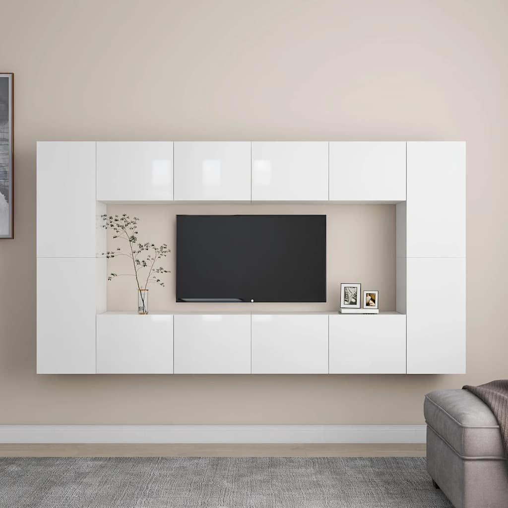 8 Piece TV Cabinet Set High Gloss White Engineered Wood