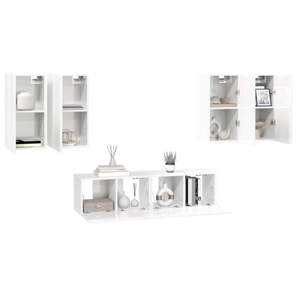 6 Piece TV Cabinet Set High Gloss White Engineered Wood
