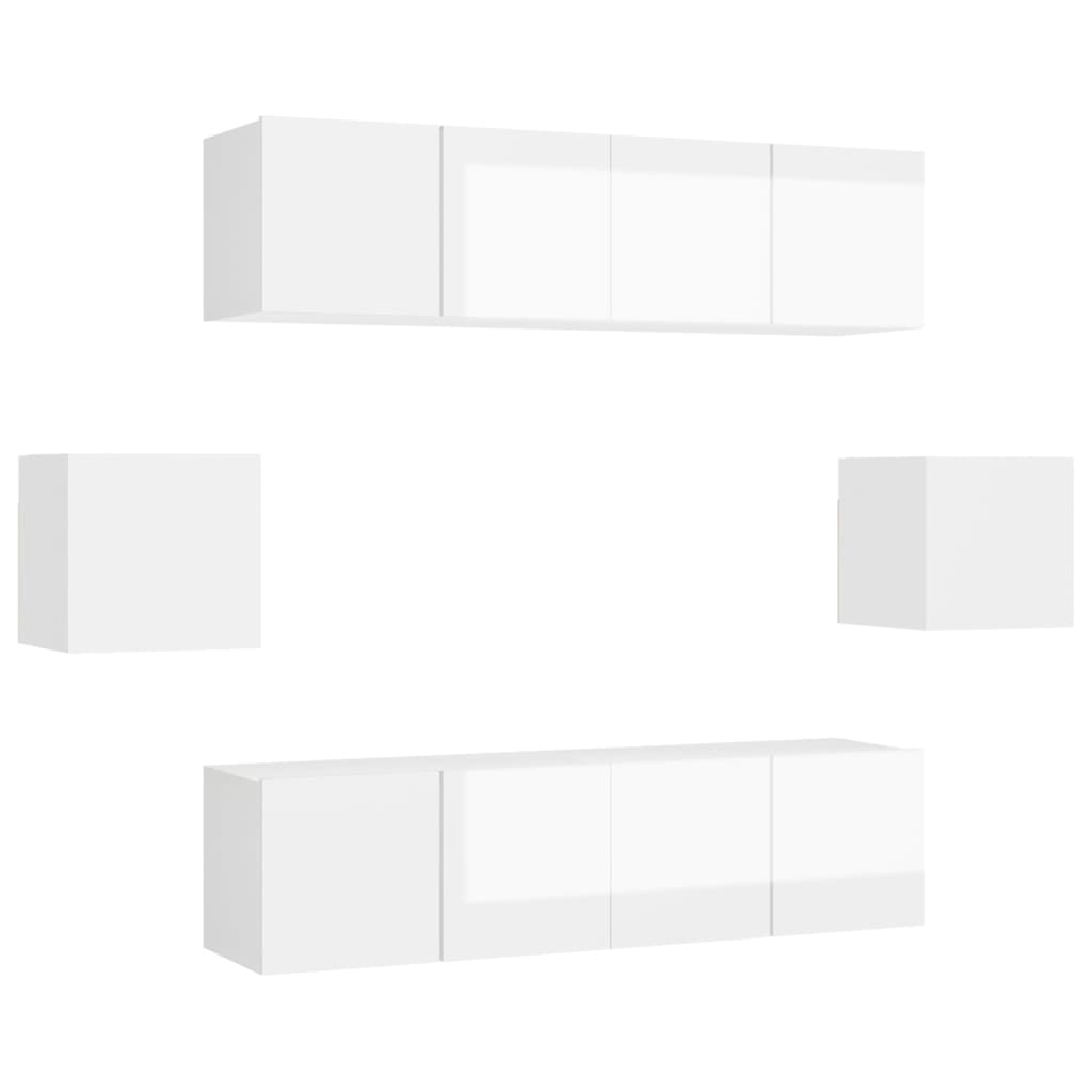 6 Piece TV Cabinet Set High Gloss White Engineered Wood