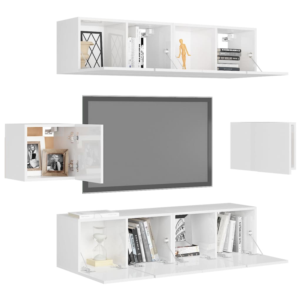 6 Piece TV Cabinet Set High Gloss White Engineered Wood