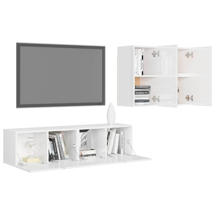 4 Piece TV Cabinet Set High Gloss White Engineered Wood
