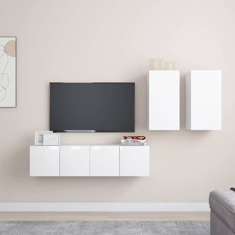 4 Piece TV Cabinet Set High Gloss White Engineered Wood