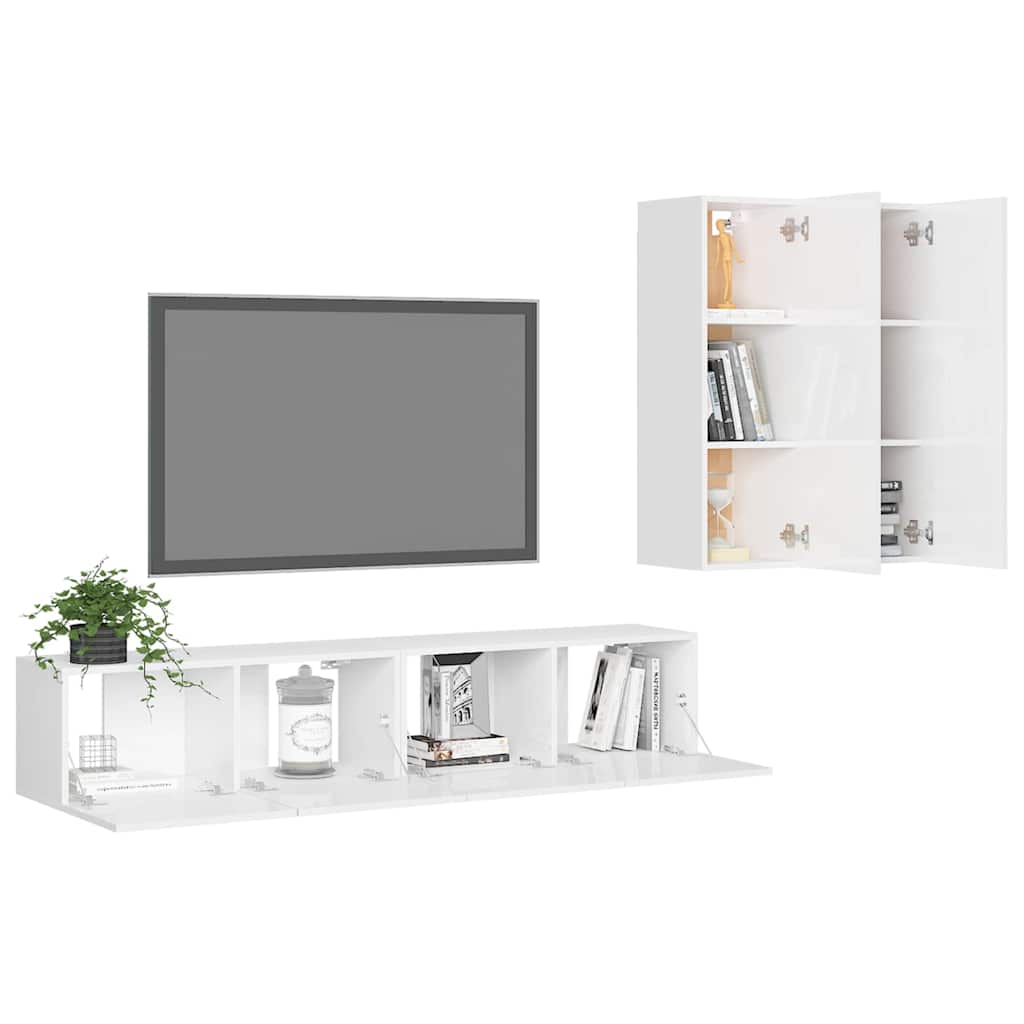4 Piece TV Cabinet Set High Gloss White Engineered Wood