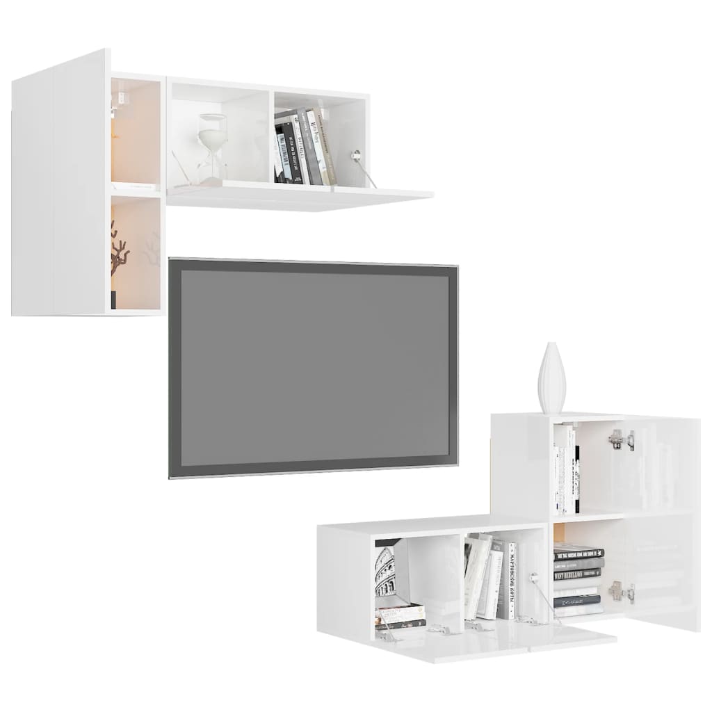 4 Piece TV Cabinet Set High Gloss White Engineered Wood