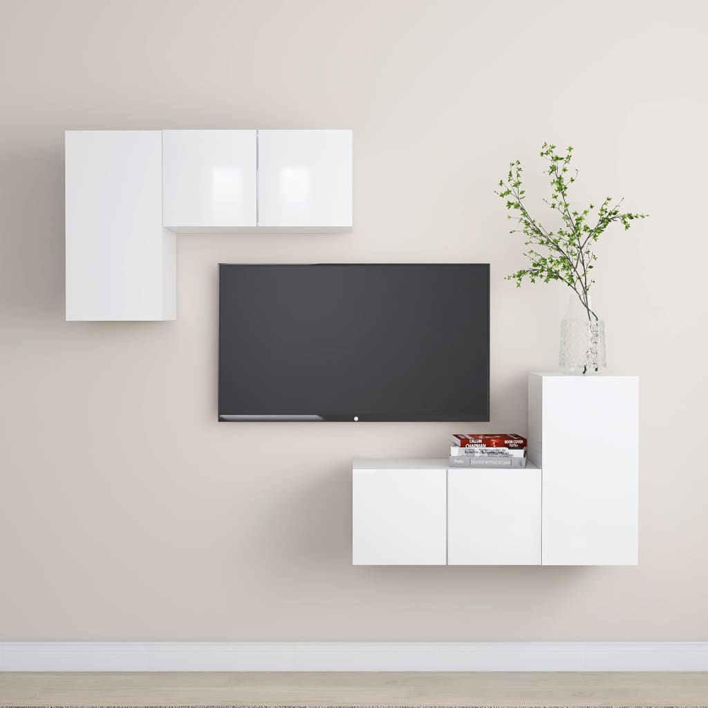 4 Piece TV Cabinet Set High Gloss White Engineered Wood