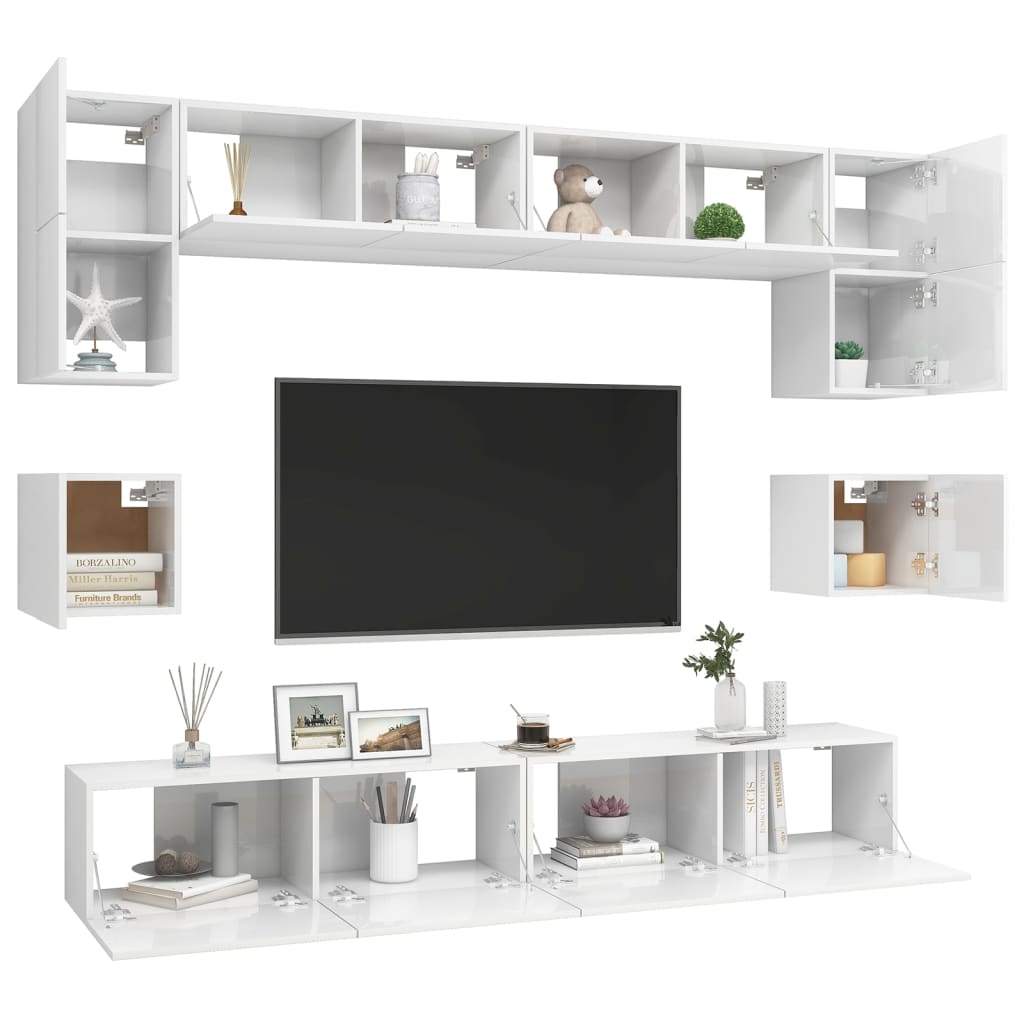 8 Piece TV Cabinet Set High Gloss White Engineered Wood