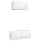2 Piece TV Cabinet Set High Gloss White Engineered Wood - Front View