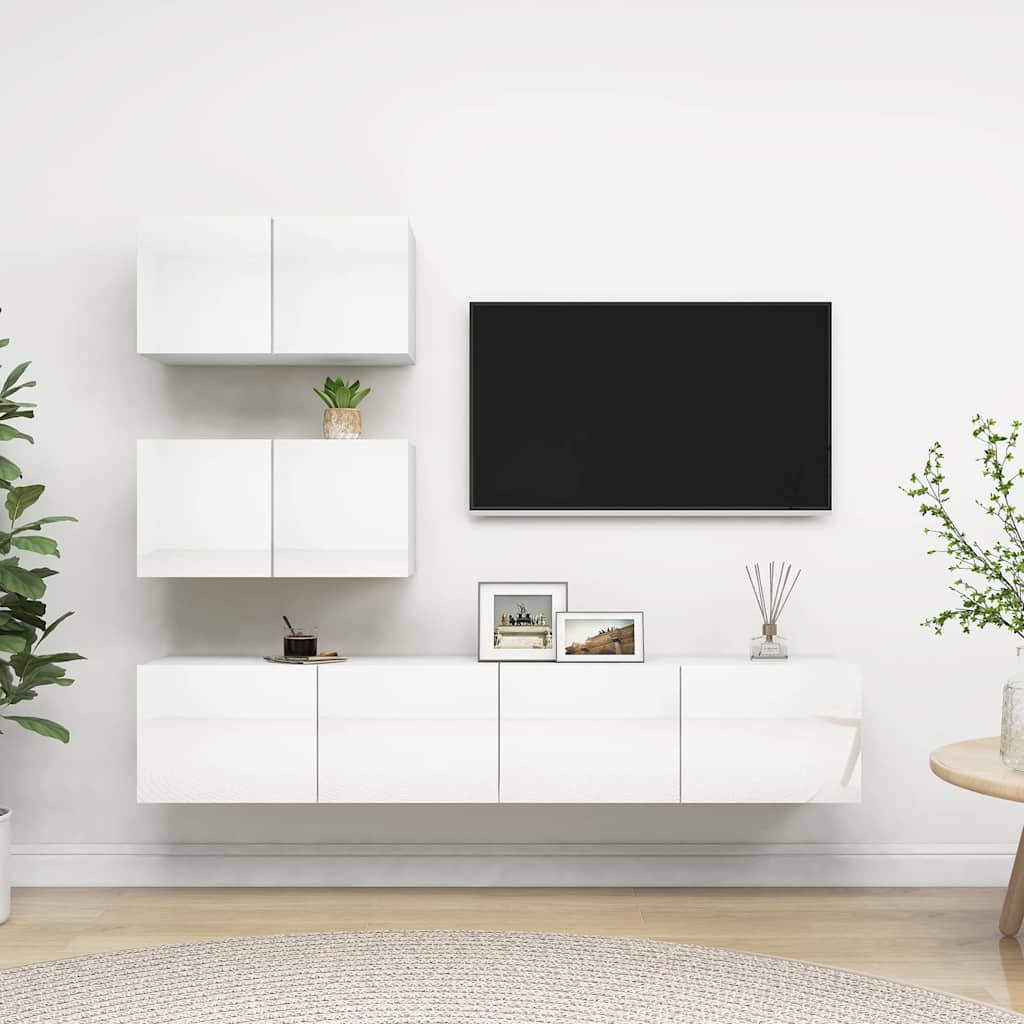 4 Piece TV Cabinet Set High Gloss White Engineered Wood