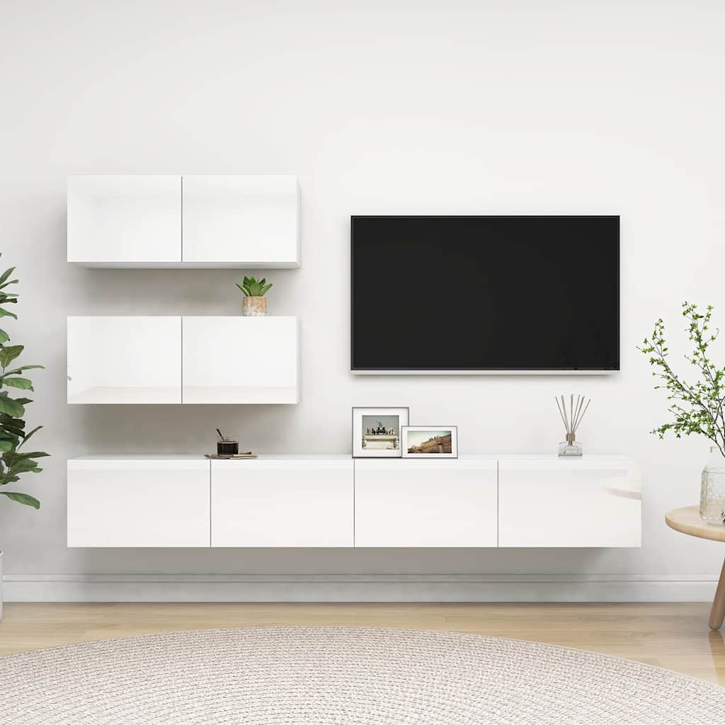 4 Piece TV Cabinet Set High Gloss White Engineered Wood
