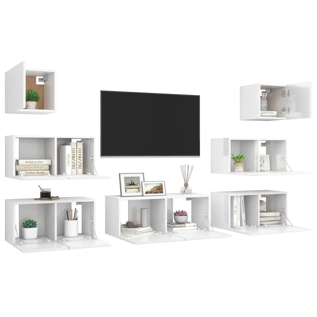 7 Piece TV Cabinet Set High Gloss White Engineered Wood