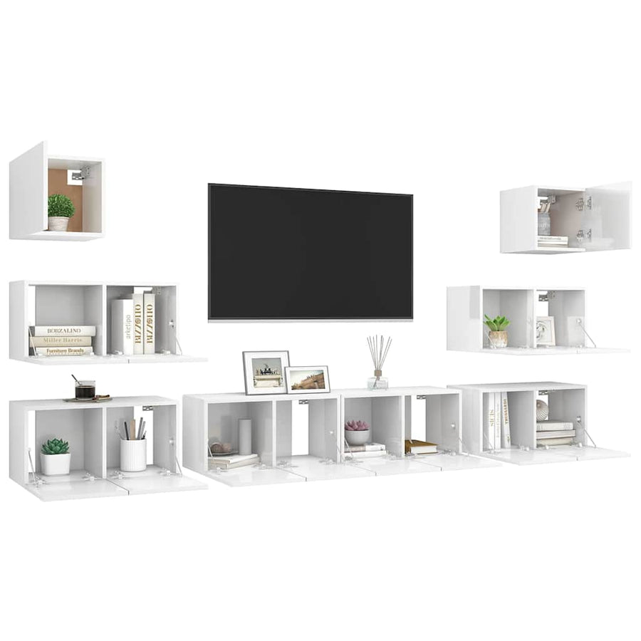 8 Piece TV Cabinet Set High Gloss White Engineered Wood